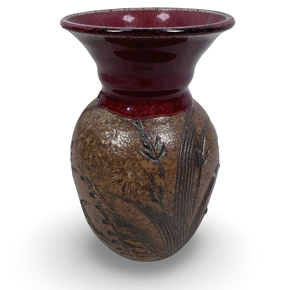 Studio Pottery Signed Stoneware Vase Red Burgundy Dip Glaze Wheat Sgraffito 6in